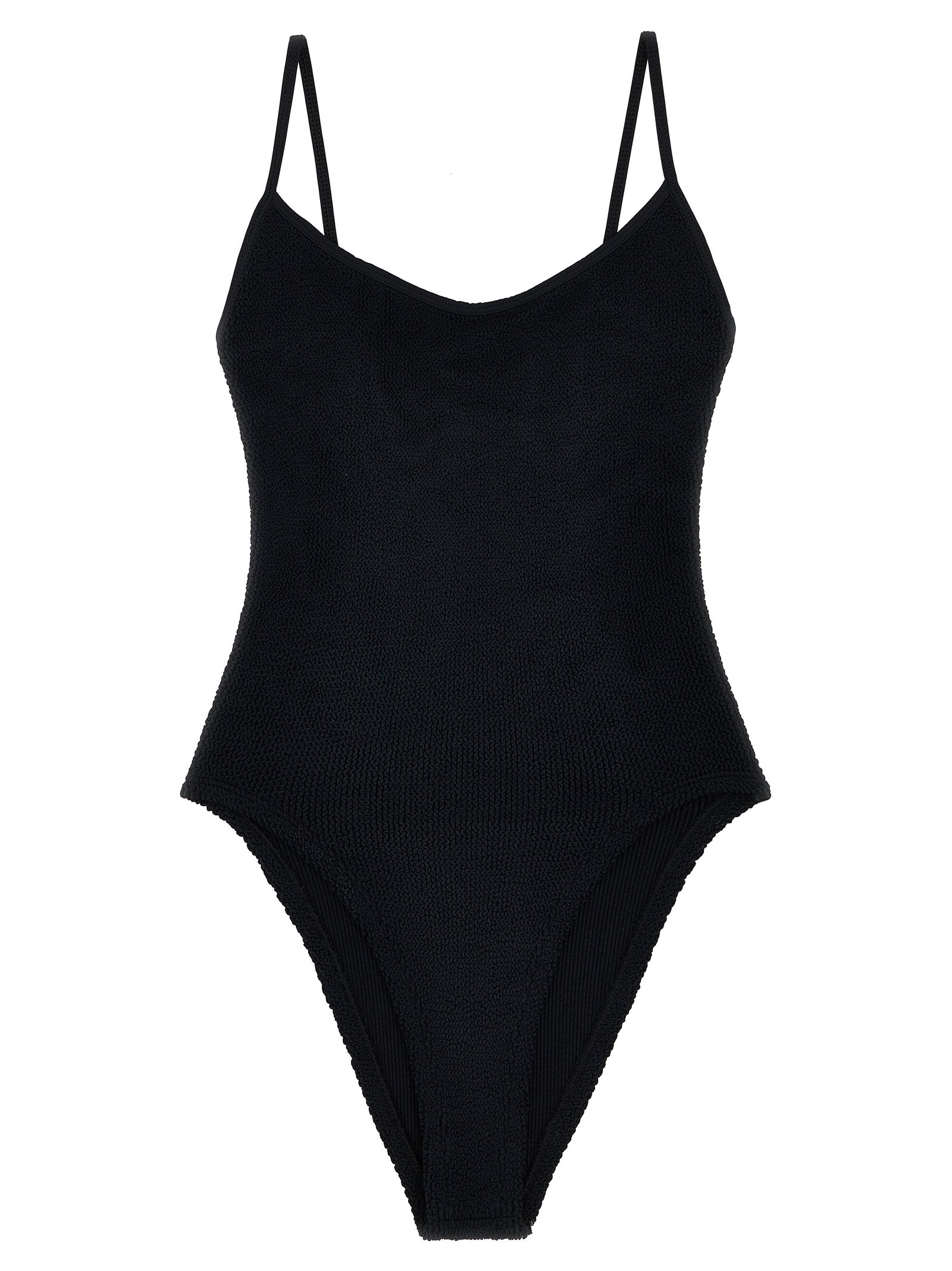 One-Piece Swimsuit by Hunza G for women in stretch polyamide black showcases a captivating silhouette, artfully capturing the essence of the captivating Women's Stretch Polyamide One-Piece Swimsuit design for a sophisticated look.