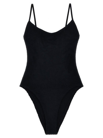 One-Piece Swimsuit by Hunza G for women in stretch polyamide black showcases a captivating silhouette, artfully capturing the essence of the captivating Women's Stretch Polyamide One-Piece Swimsuit design for a sophisticated look.