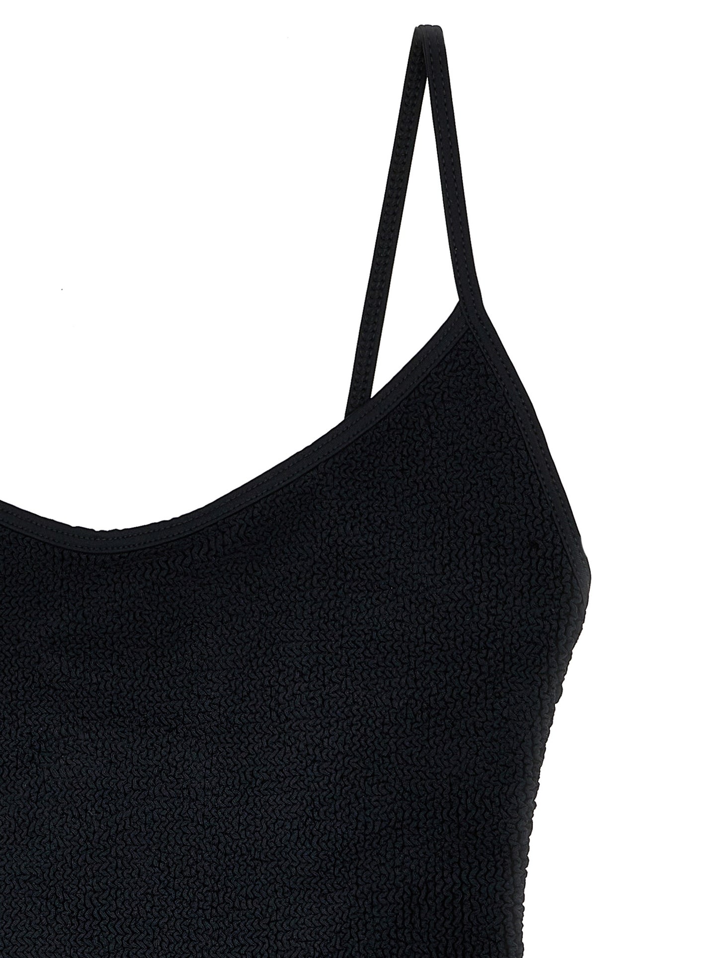 One-Piece Swimsuit by Hunza G for women in stretch polyamide black showcases a couture inspired silhouette from the Women's Stretch Polyamide One-Piece Swimsuit collection, featuring a couture inspired cut designed for a couture inspired and couture inspired poolside look.