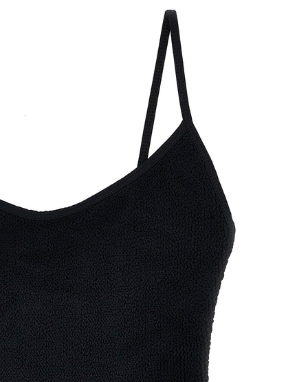 One-Piece Swimsuit by Hunza G for women in stretch polyamide black showcases a couture inspired silhouette from the Women's Stretch Polyamide One-Piece Swimsuit collection, featuring a couture inspired cut designed for a couture inspired and couture inspired poolside look.