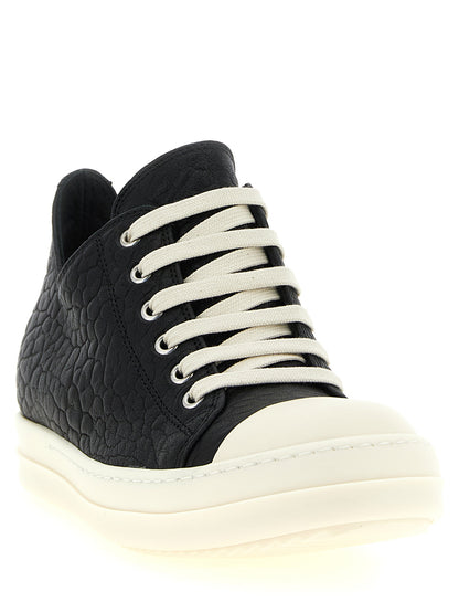 Sneakers by Rick Owens for women in lamb python leather bicolour, black & white features an timeless silhouette from the Women's Low Top Lamb Python Leather Sneakers collection, showcasing a signature low-top style with an timeless finish.