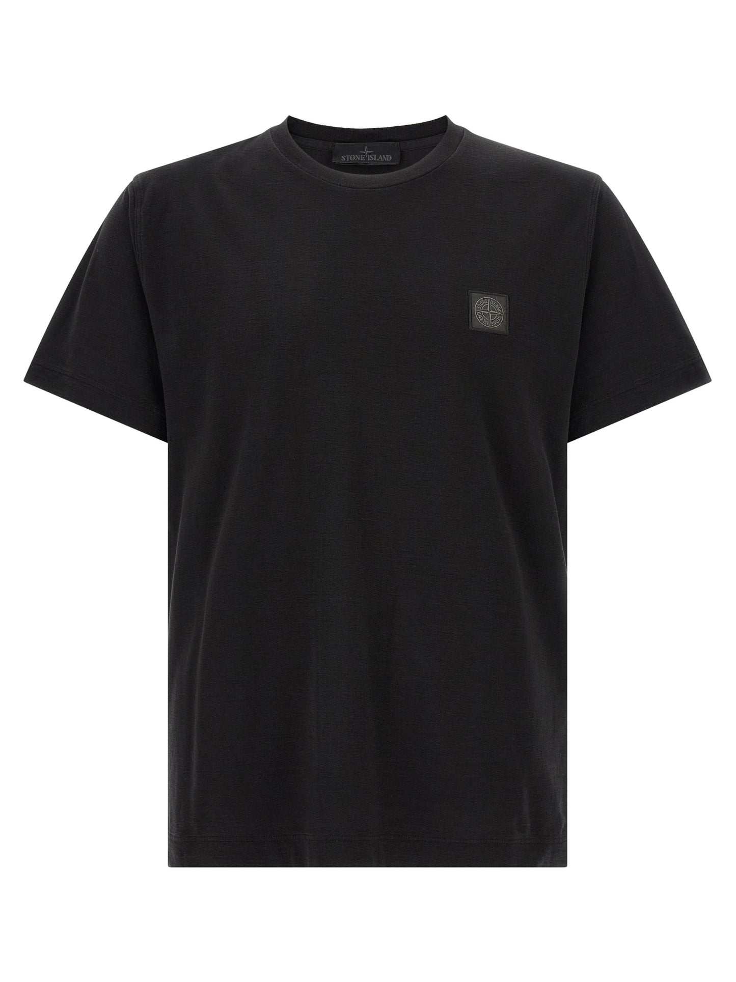 T-Shirt by Stone Island for men in organic cotton black showcases a dramatic silhouette, elegantly detailed with a dramatic crew neckline and short-sleeve for a truly dramatic finish.