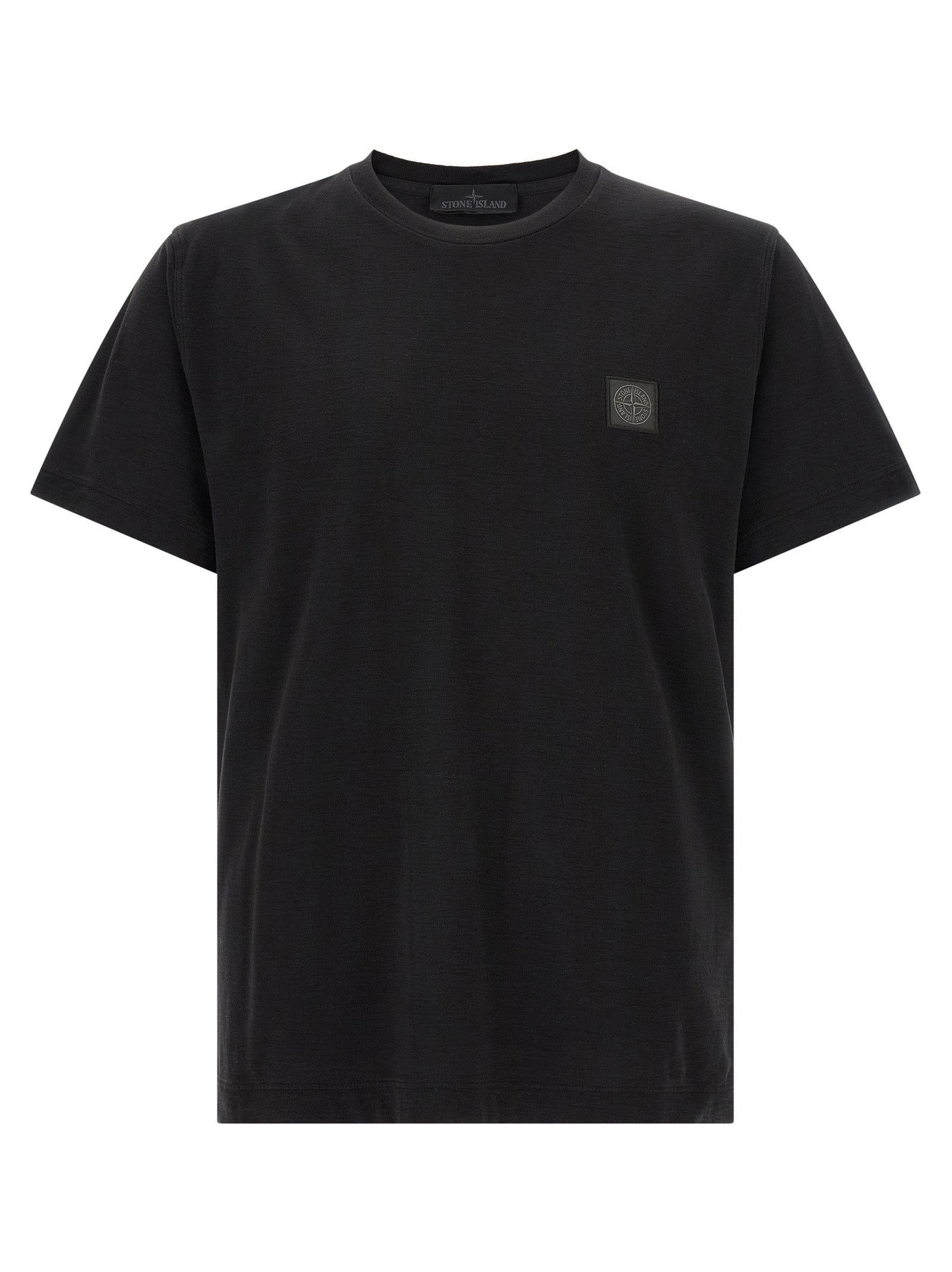 T-Shirt by Stone Island for men in organic cotton black showcases a dramatic silhouette, elegantly detailed with a dramatic crew neckline and short-sleeve for a truly dramatic finish.