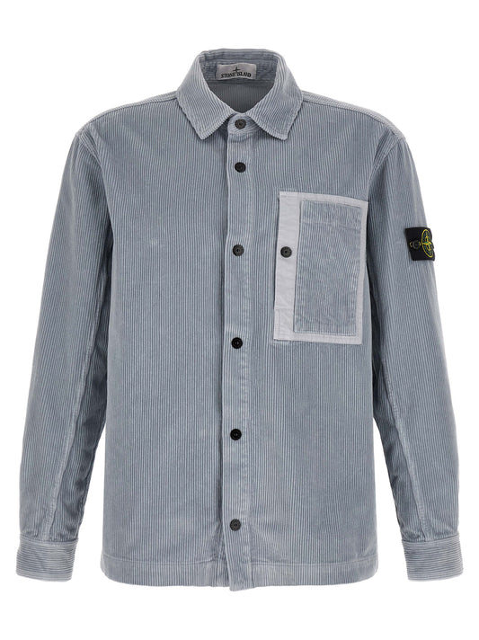 Overshirt by Stone Island for men in cotton corduroy gray & signature, featuring a nuanced and nuanced for a sophisticated finish.
