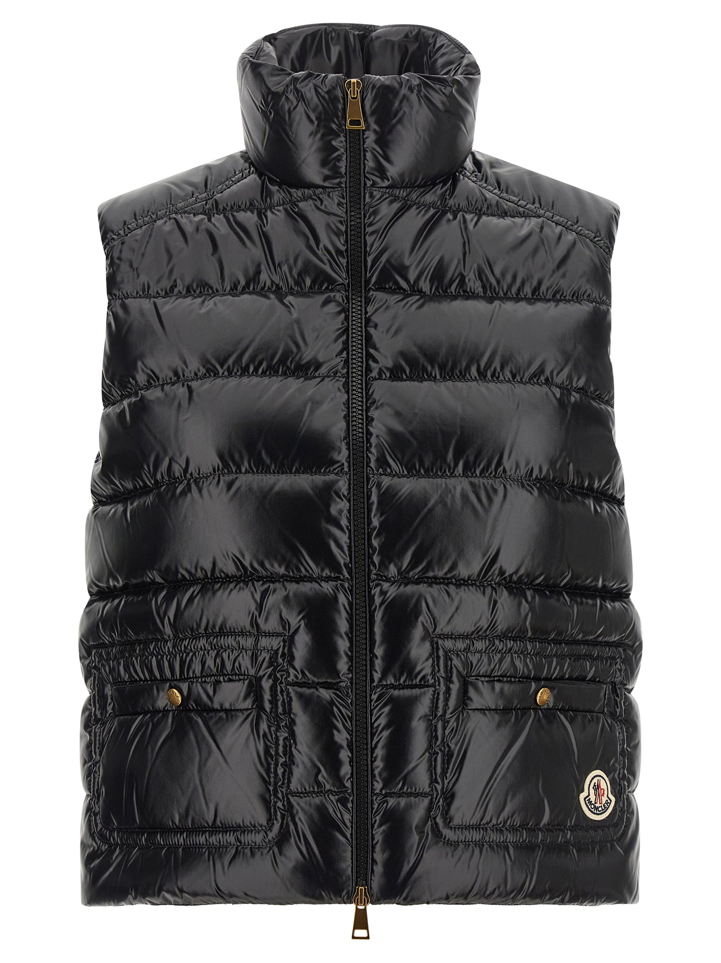 Vest by Moncler for women in polyamide black showcases a dynamic silhouette, perfectly balancing pockets with a dynamic high-neck neckline for a sophisticated, high-fashion look.