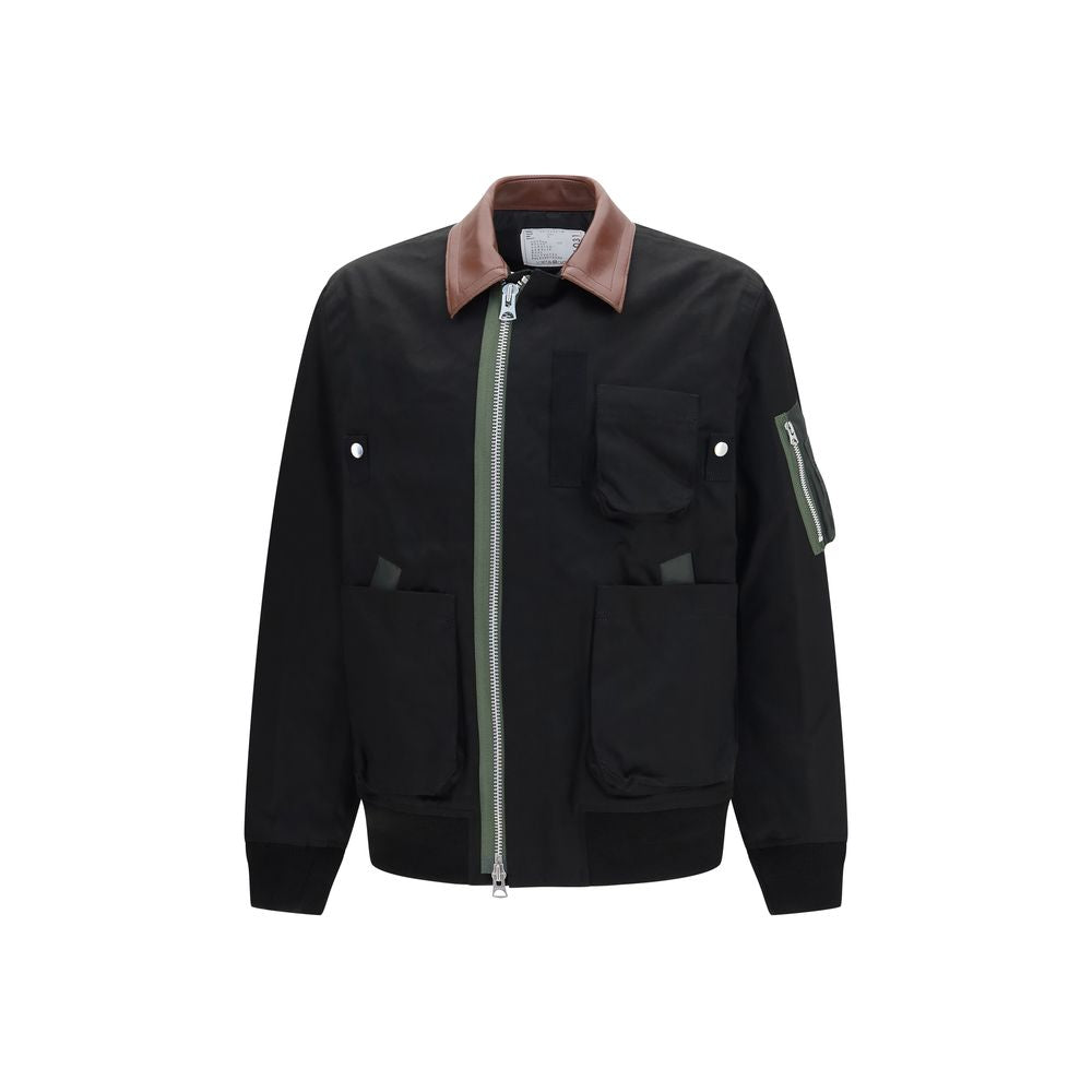 Bomber Jacket by Sacai for men in leather & cotton black presents a effortlessly chic silhouette, showcasing a sophisticated and premium pockets for a truly effortlessly chic finish.