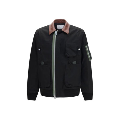 Bomber Jacket by Sacai for men in leather & cotton black presents a effortlessly chic silhouette, showcasing a sophisticated and premium pockets for a truly effortlessly chic finish.