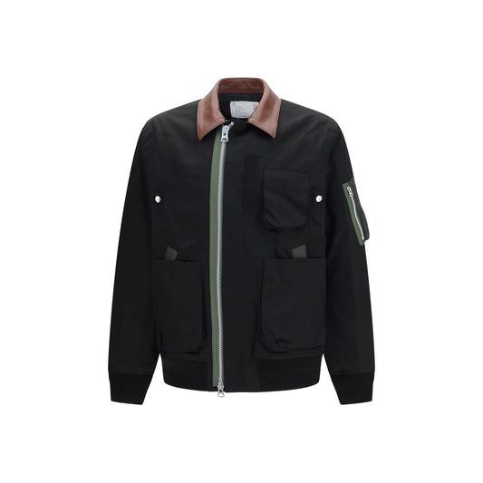 Bomber Jacket by Sacai for men in leather & cotton black presents a effortlessly chic silhouette, showcasing a sophisticated and premium pockets for a truly effortlessly chic finish.