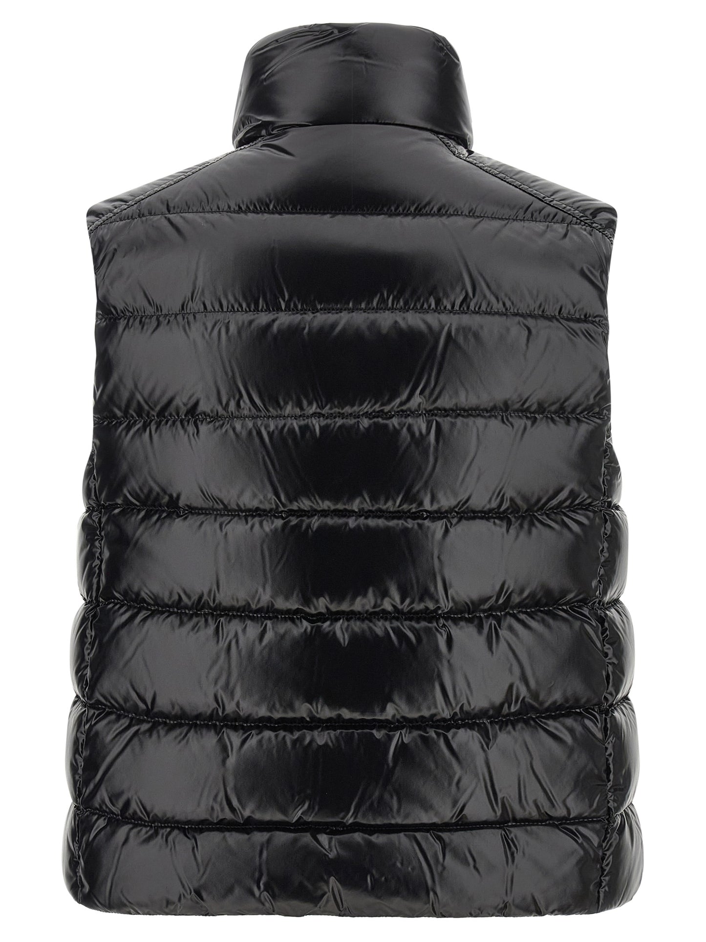Vest by Moncler for women in polyamide black features a stylish silhouette, showcasing distinct pockets and a refined high-neck neckline for a truly stylish finish.