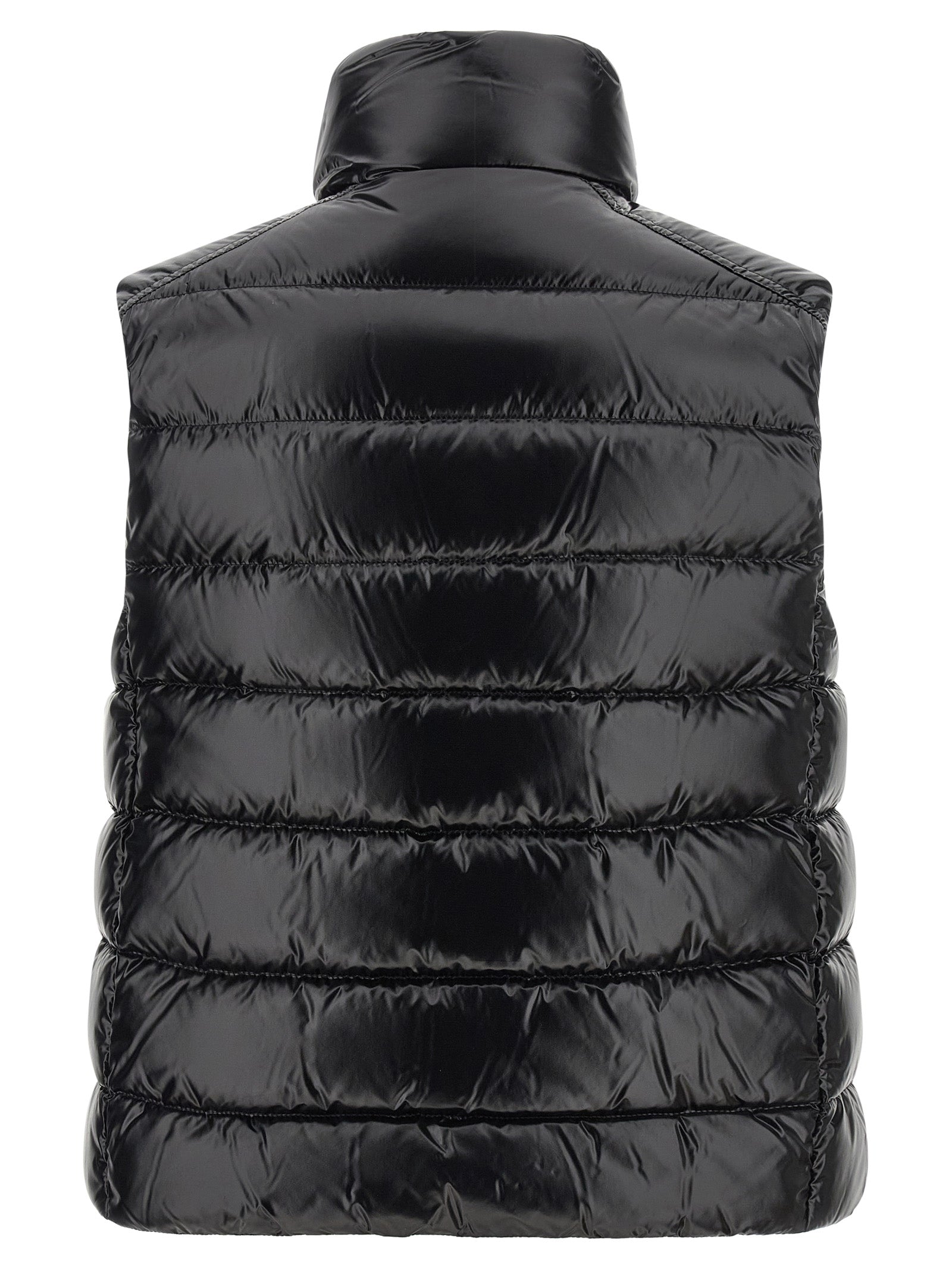 Vest by Moncler for women in polyamide black features a stylish silhouette, showcasing distinct pockets and a refined high-neck neckline for a truly stylish finish.
