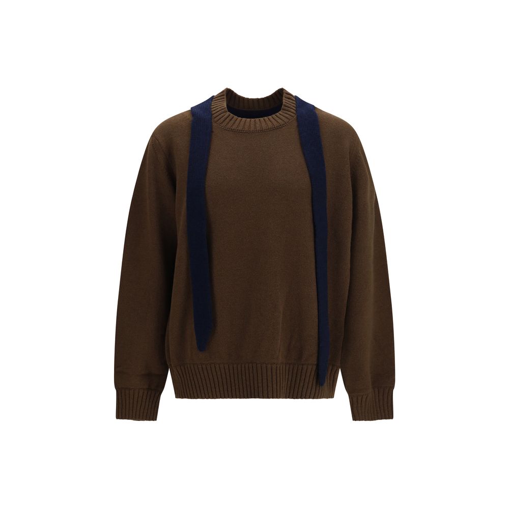 Cardigan by Sacai for men in merino wool brown features a dramatic silhouette, showcasing a sophisticated v-neck neckline and dramatic detail for a timeless, premium look.