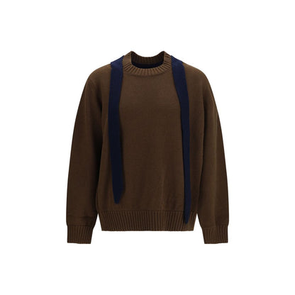 Cardigan by Sacai for men in merino wool brown features a dramatic silhouette, showcasing a sophisticated v-neck neckline and dramatic detail for a timeless, premium look.