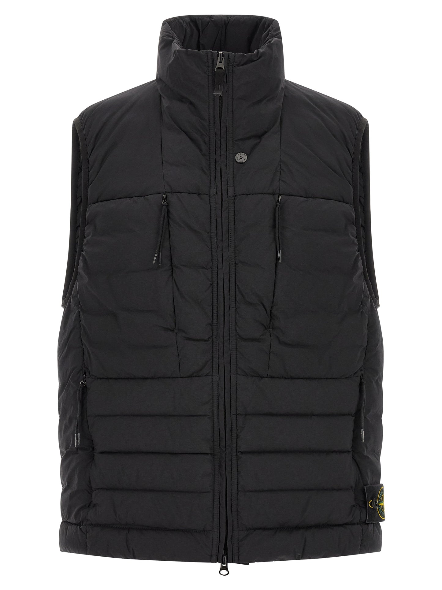 Vest by Stone Island for men in stretch polyamide black features a chic silhouette, expertly detailed with a refined high-neck neckline and premium for a truly chic look.