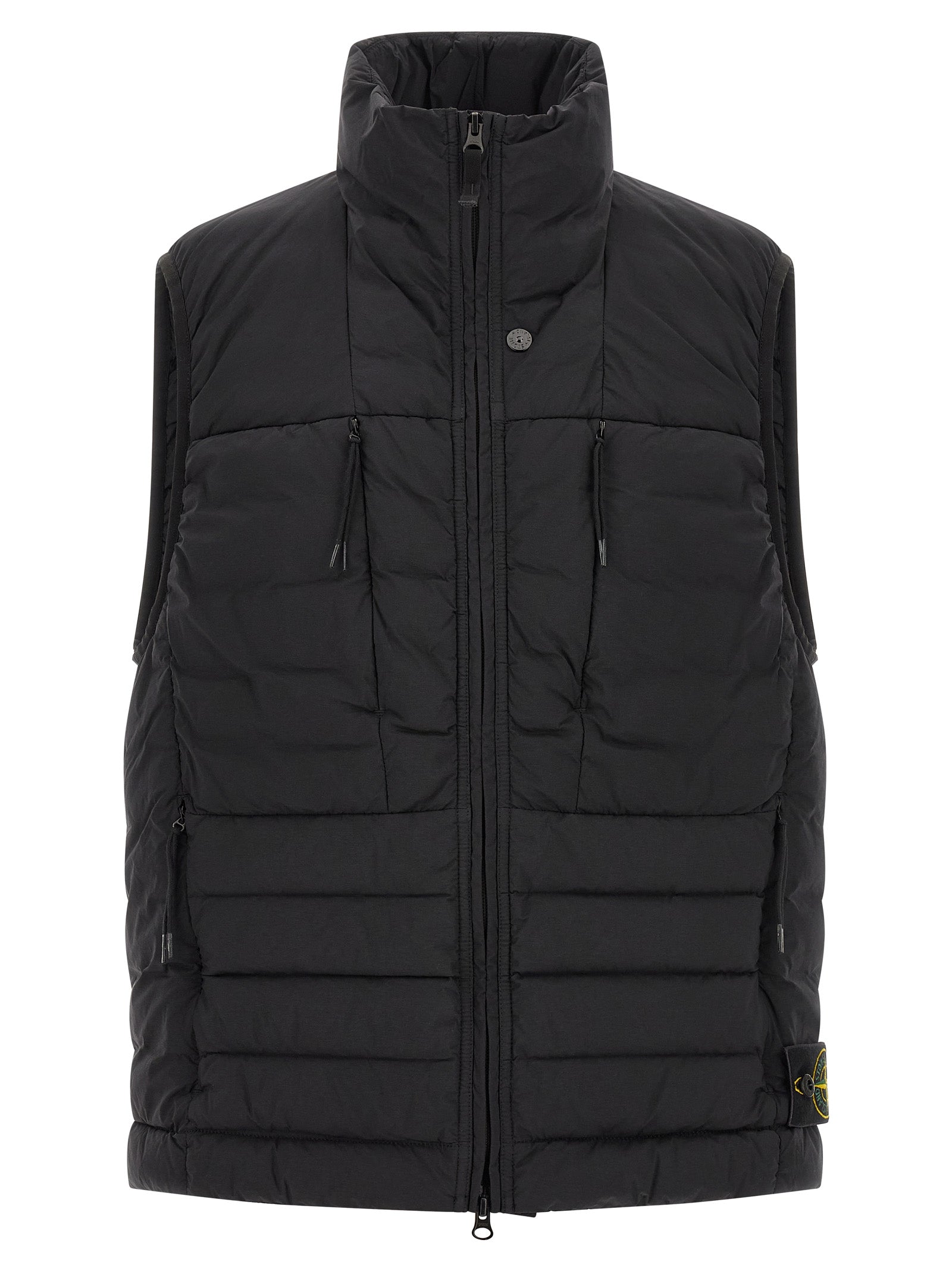 Vest by Stone Island for men in stretch polyamide black features a chic silhouette, expertly detailed with a refined high-neck neckline and premium for a truly chic look.