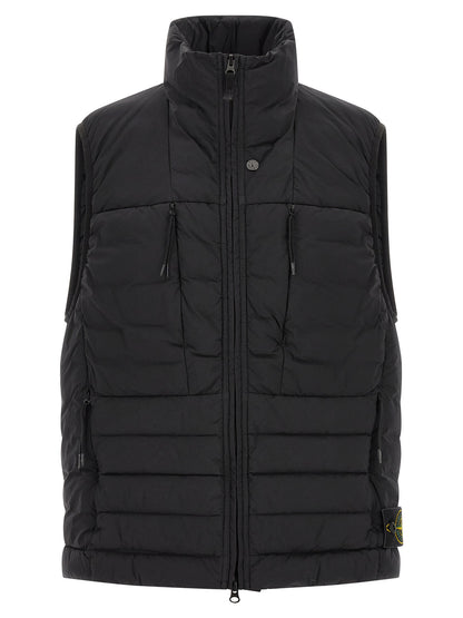 Vest by Stone Island for men in stretch polyamide black features a chic silhouette, expertly detailed with a refined high-neck neckline and premium for a truly chic look.