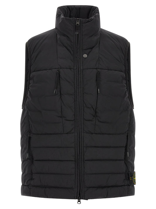 Vest by Stone Island for men in stretch polyamide black features a chic silhouette, expertly detailed with a refined high-neck neckline and premium for a truly chic look.