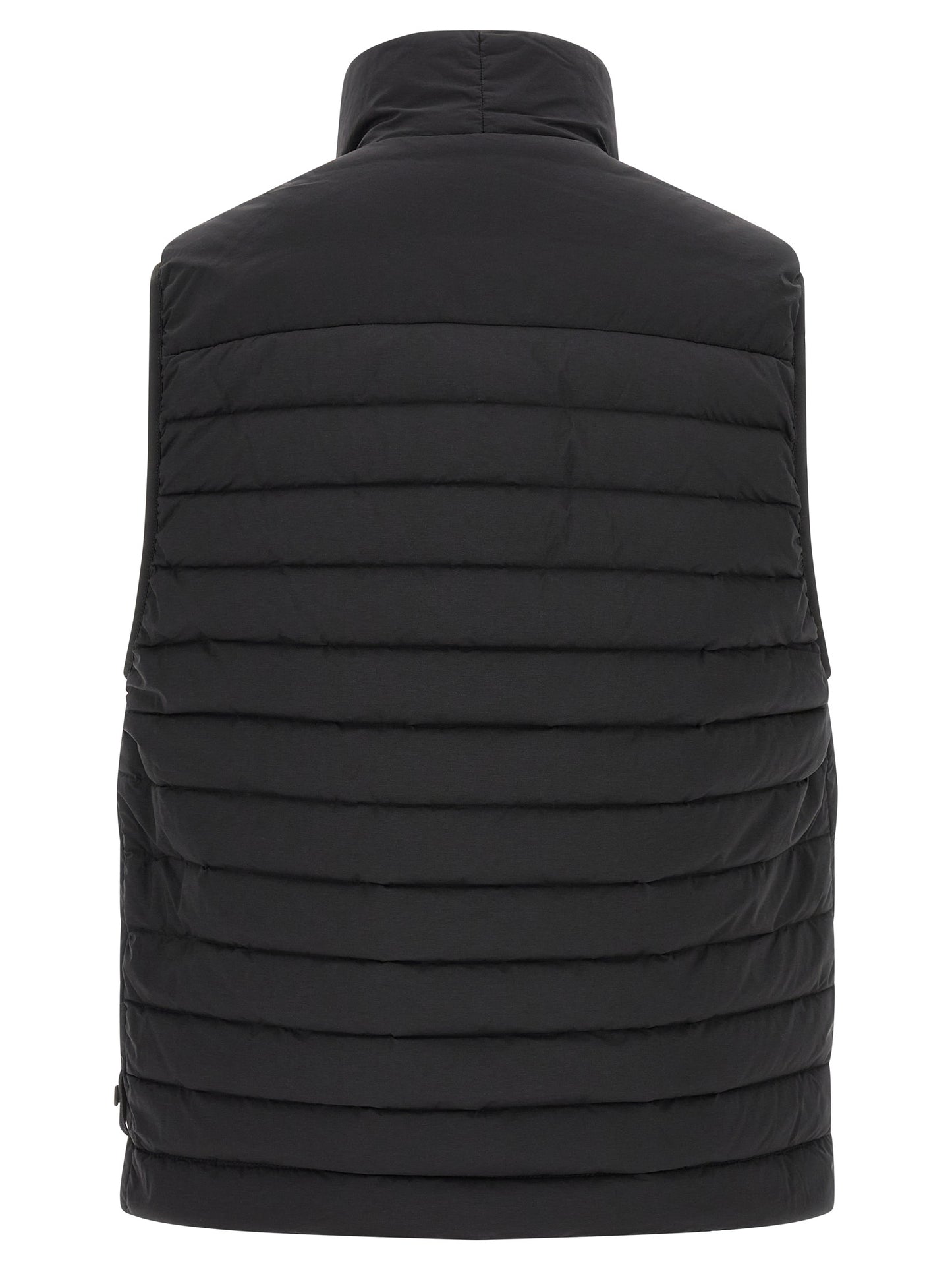 Vest by Stone Island for men in stretch polyamide black features an contemporary silhouette, showcasing refined and a contemporary high-neck neckline for a sophisticated layered look.