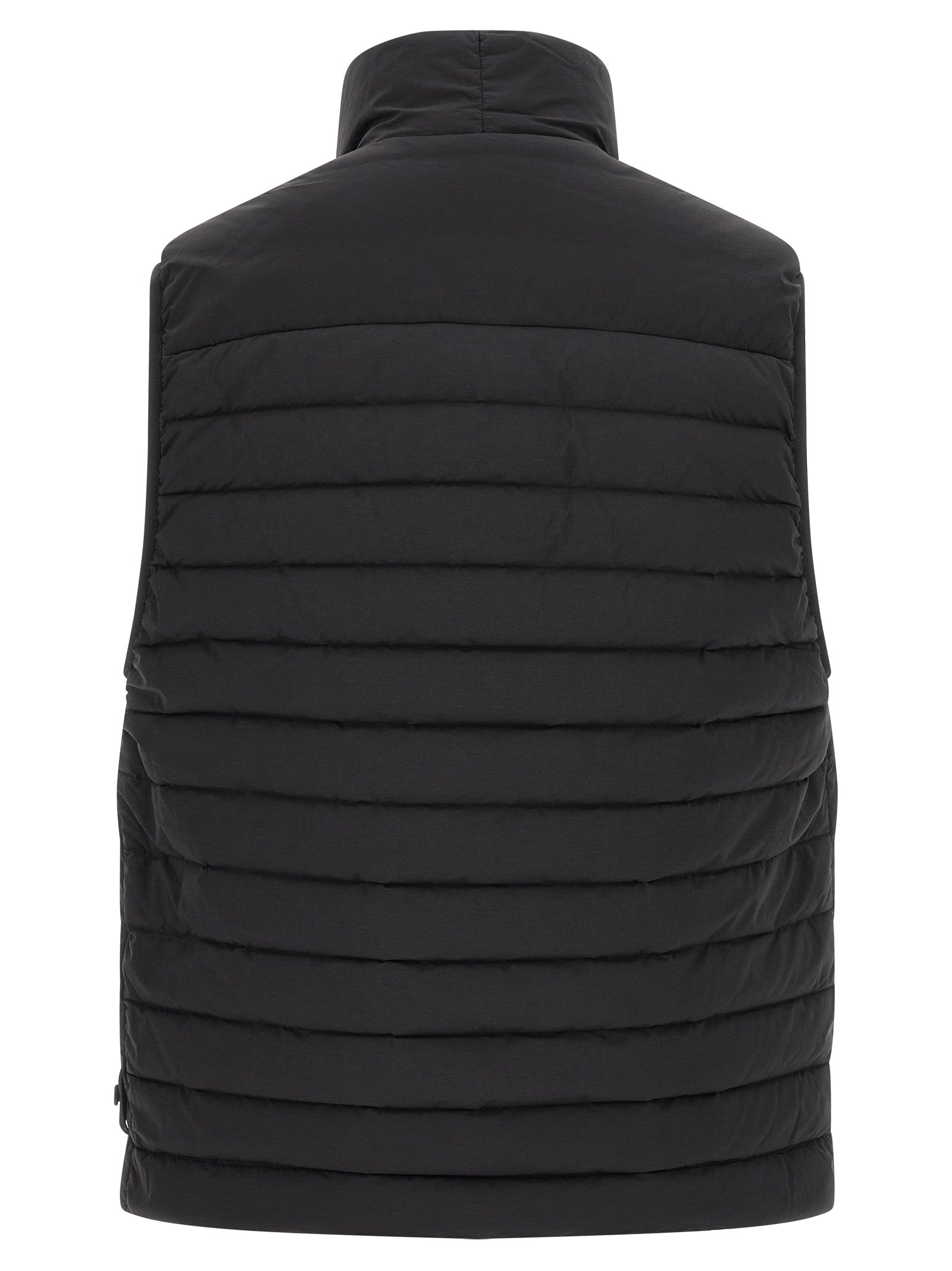 Vest by Stone Island for men in stretch polyamide black features an contemporary silhouette, showcasing refined and a contemporary high-neck neckline for a sophisticated layered look.