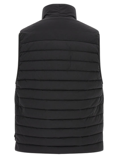 Vest by Stone Island for men in stretch polyamide black features an contemporary silhouette, showcasing refined and a contemporary high-neck neckline for a sophisticated layered look.