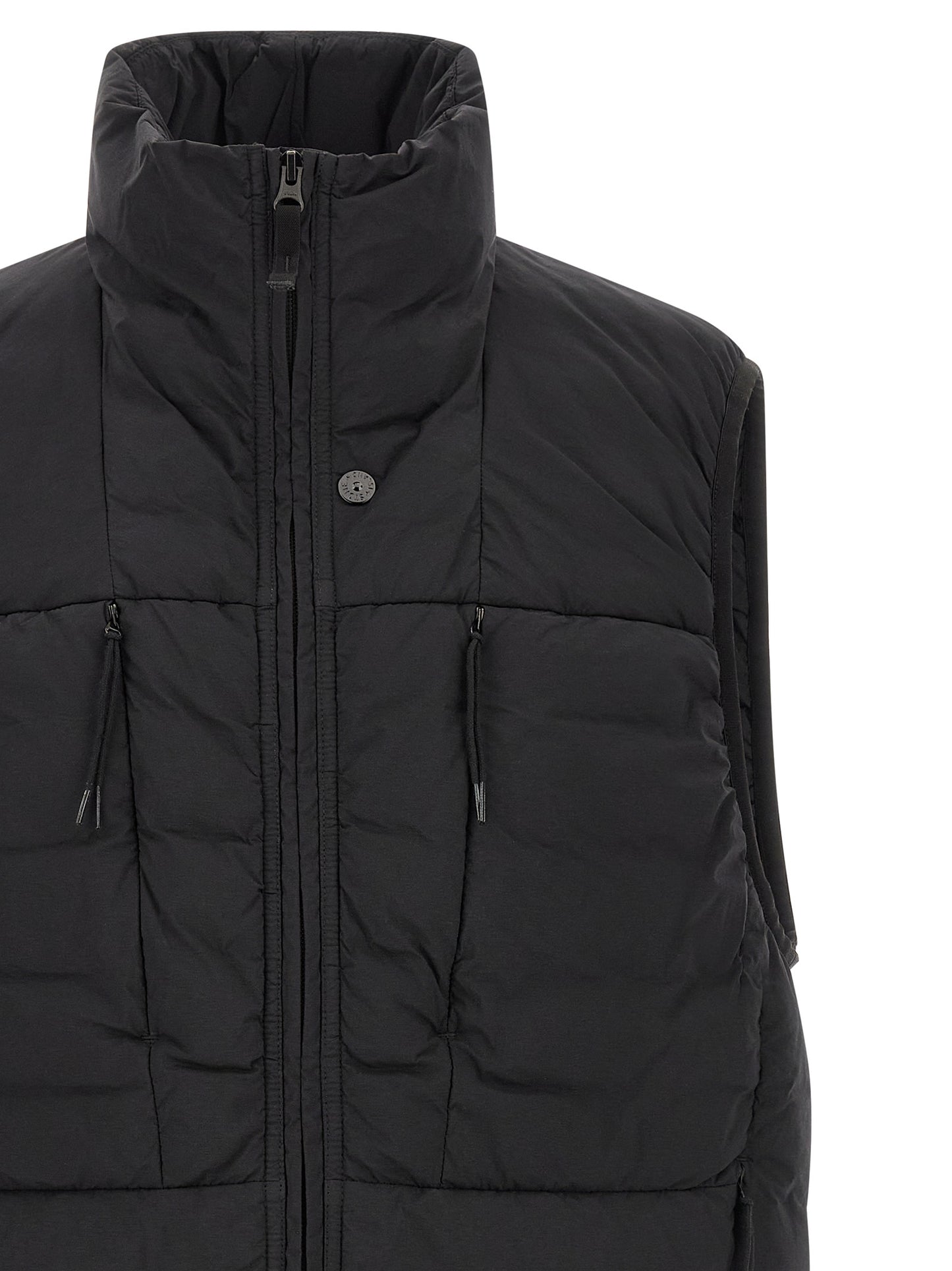 Vest by Stone Island for men in stretch polyamide black showcases a utilitarian silhouette, artfully incorporating and a utilitarian high-neck neckline for a truly utilitarian finish.