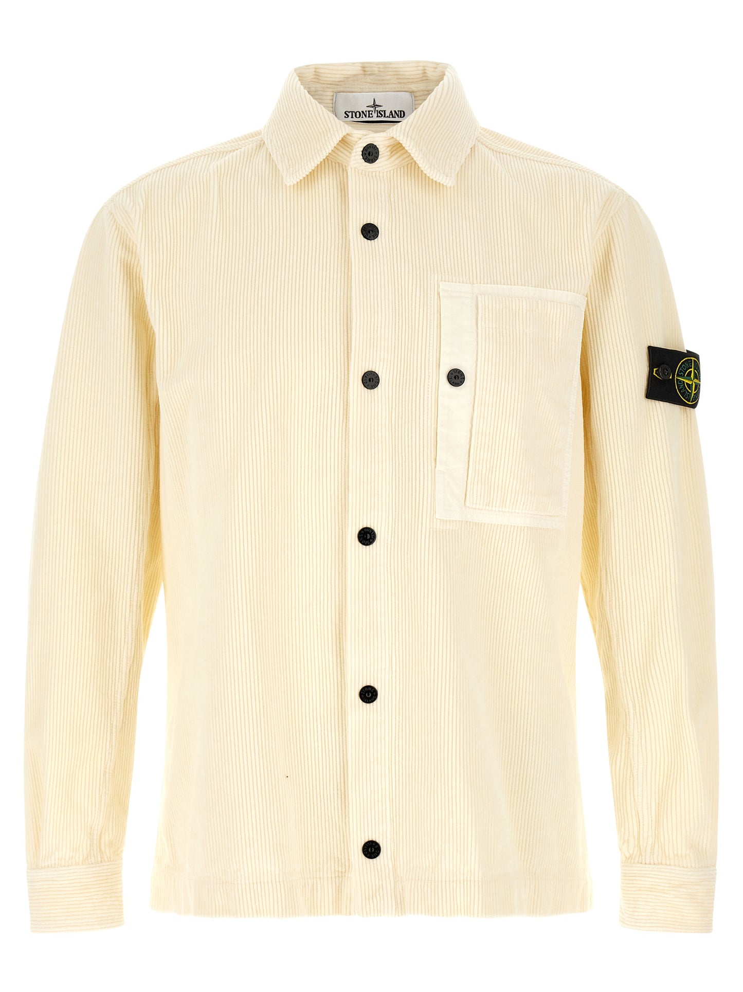 Overshirt by Stone Island for men in cotton corduroy ivory & white showcases a sharp silhouette, elegantly detailed with a sharp and sharp .