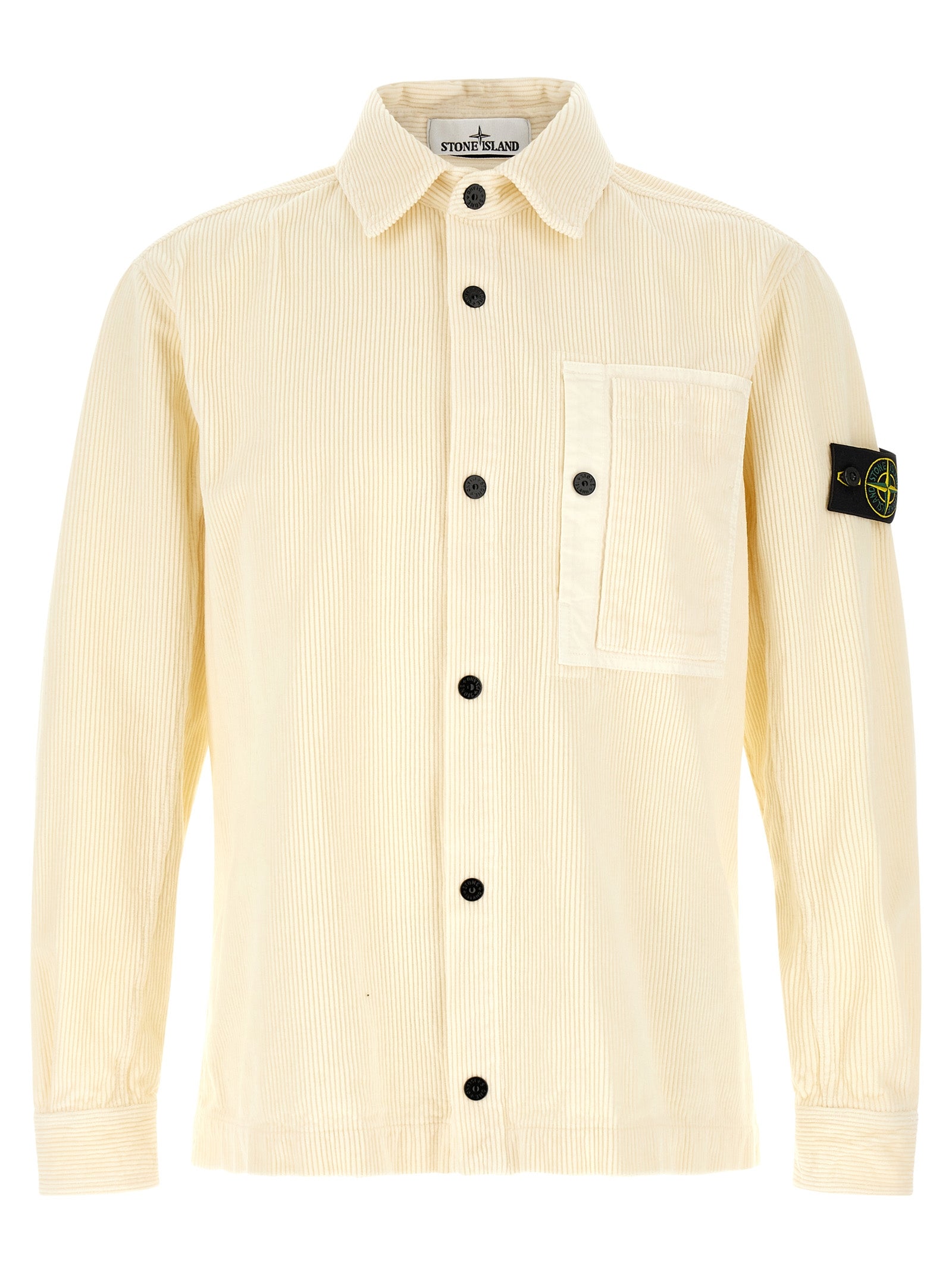 Overshirt by Stone Island for men in cotton corduroy ivory & white showcases a sharp silhouette, elegantly detailed with a sharp and sharp .