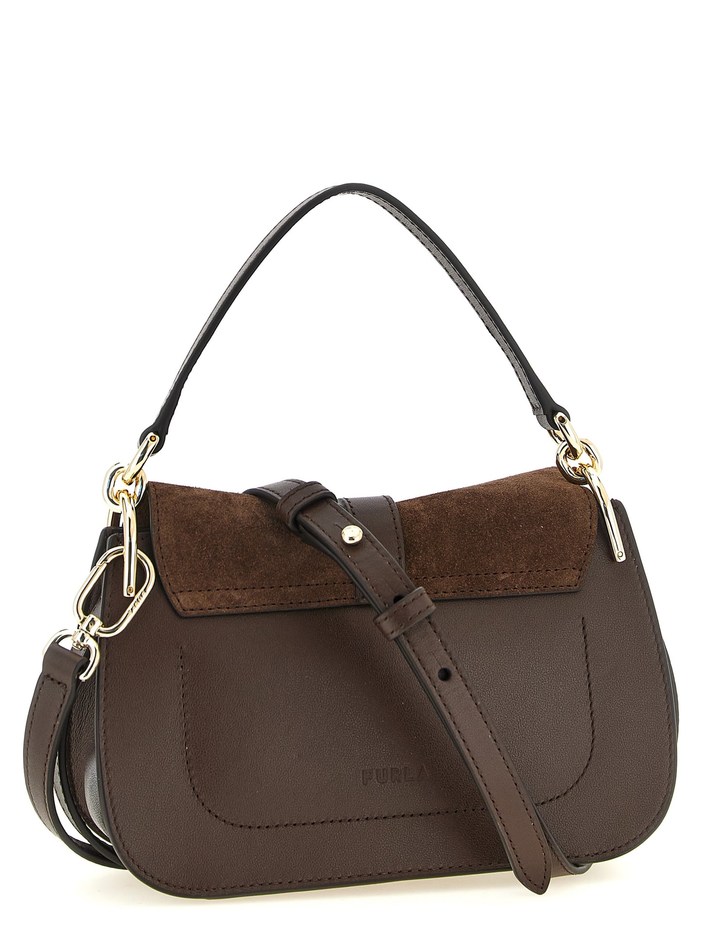 Mini Handbag by Furla for women in calfskin leather brown & gold features a refined silhouette, showcasing a secure magnetic & buckle, organized , and versatile shoulder-strap, handle & adjustable-strap for a refined finish.