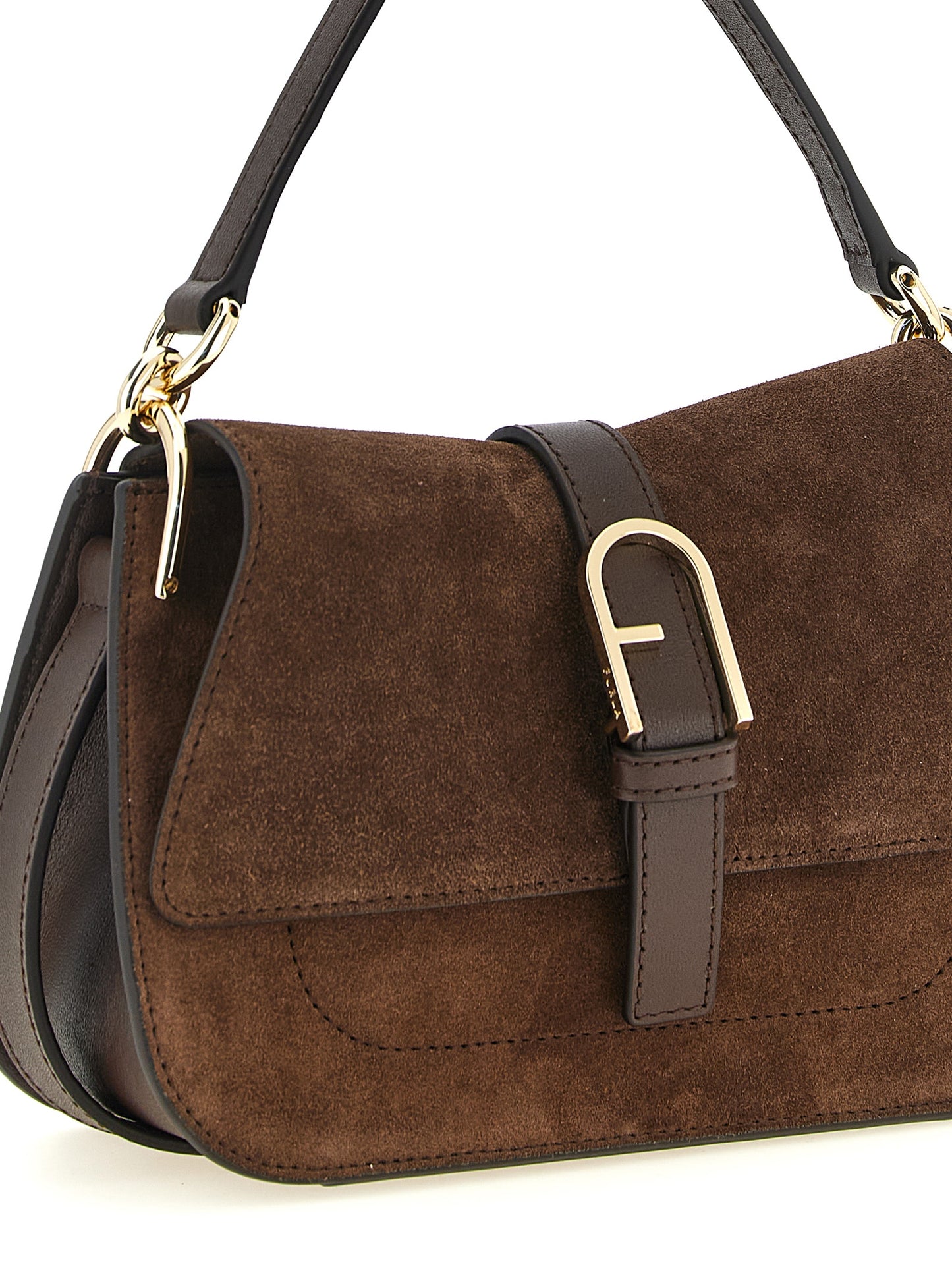 Mini Handbag by Furla for women in calfskin leather brown & gold features a exquisite silhouette, showcasing a secure magnetic & buckle and exquisite with versatile shoulder-strap, handle & adjustable-strap for a exquisite finish.