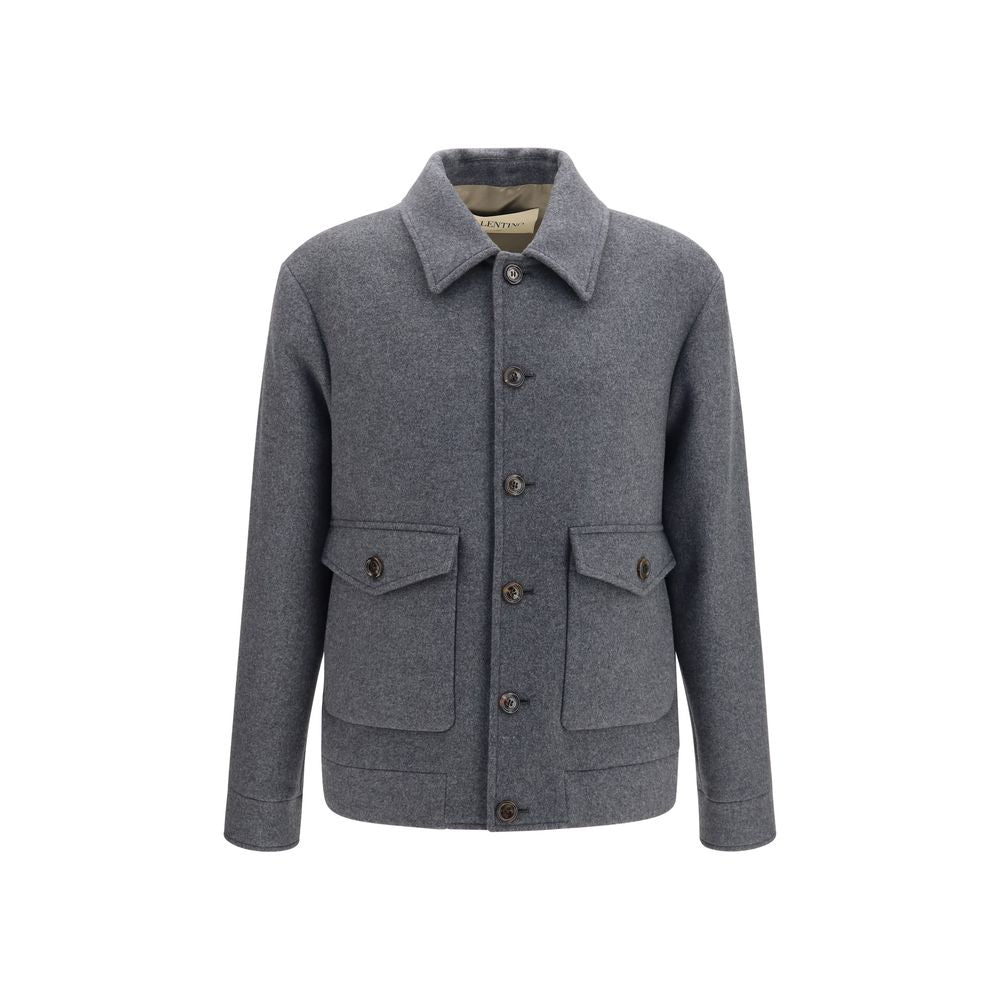 Jacket by Valentino Garavani for men in cashmere merino wool polyamide & capra leather gray features an utilitarian silhouette with a refined , showcasing sophisticated pockets for an utilitarian aesthetic.