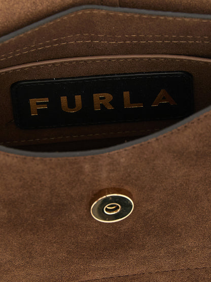 Mini Handbag by Furla for women in calfskin leather brown & gold presents a ornamental silhouette, showcasing a secure magnetic & buckle, ample , and versatile shoulder-strap, handle & adjustable-strap for a ornamental finish.