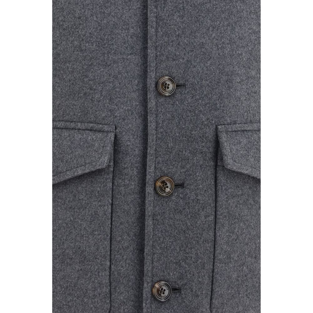 Jacket by Valentino Garavani for men in cashmere merino wool polyamide & capra leather gray features an utilitarian silhouette with a refined , showcasing sophisticated pockets for an utilitarian aesthetic.