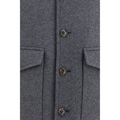 Jacket by Valentino Garavani for men in cashmere merino wool polyamide & capra leather gray features an utilitarian silhouette with a refined , showcasing sophisticated pockets for an utilitarian aesthetic.
