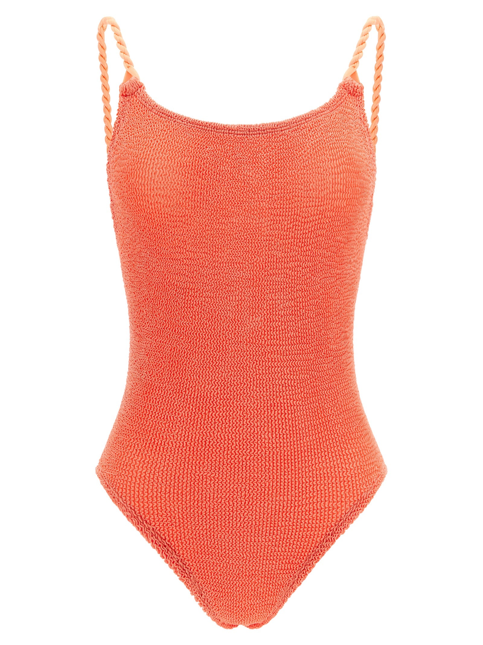 One-Piece Swimsuit by Hunza G for women in stretch polyamide coral & orange showcases a couture inspired silhouette from the Women's Stretch Polyamide One-Piece Swimsuit collection, featuring a couture inspired cut designed for a couture inspired and couture inspired poolside look.
