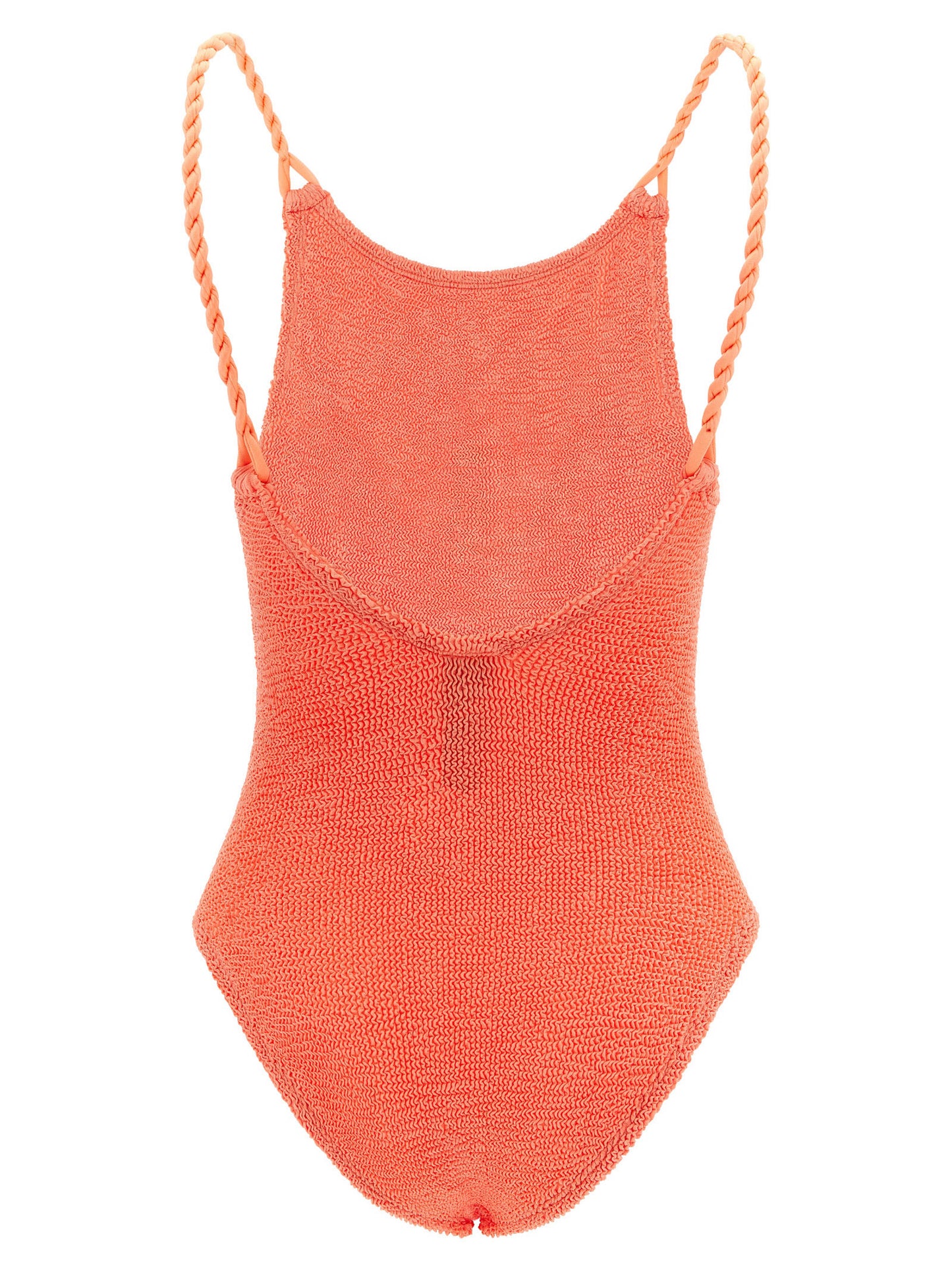 One-Piece Swimsuit by Hunza G for women in stretch polyamide coral & orange showcases a captivating silhouette, artfully capturing the essence of the captivating Women's Stretch Polyamide One-Piece Swimsuit design for a sophisticated look.