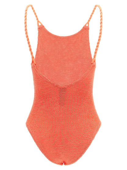 One-Piece Swimsuit by Hunza G for women in stretch polyamide coral & orange showcases a captivating silhouette, artfully capturing the essence of the captivating Women's Stretch Polyamide One-Piece Swimsuit design for a sophisticated look.