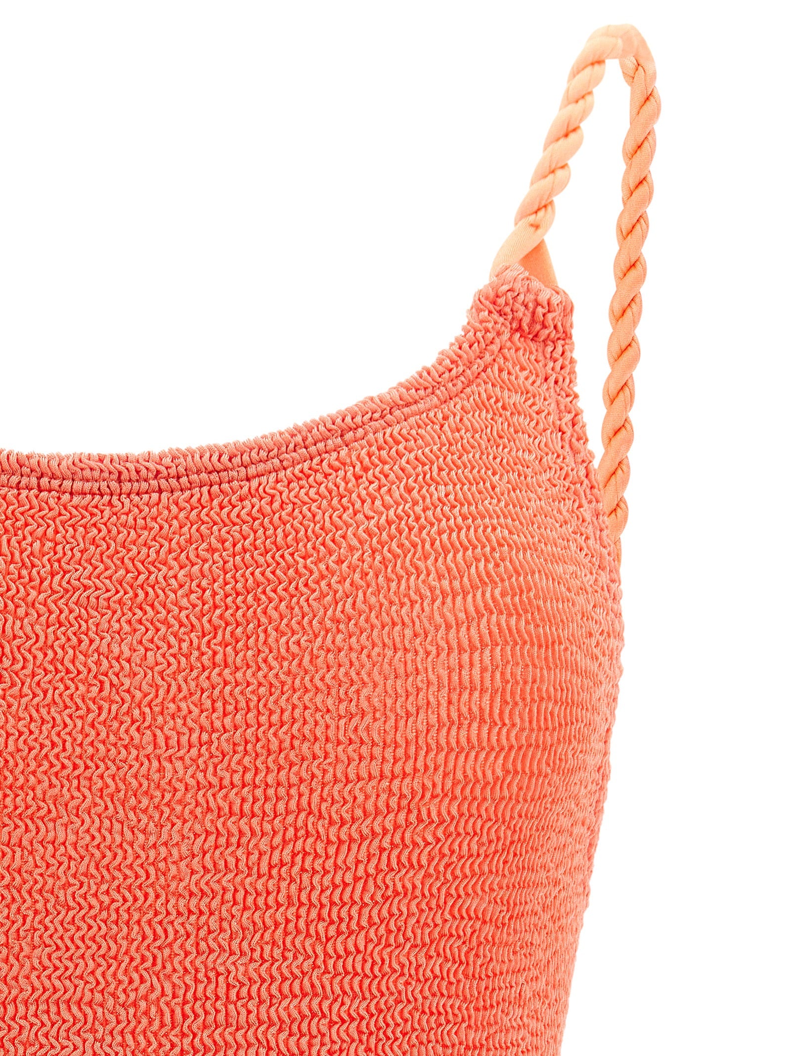 One-Piece Swimsuit by Hunza G for women in stretch polyamide coral & orange features a contemporary silhouette, showcasing the contemporary cut of this Women's Stretch Polyamide One-Piece Swimsuit for a sophisticated, contemporary beachwear aesthetic.
