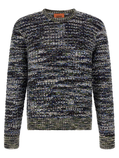 Cardigan by Missoni for men in wool & viscose black, blue, green, multicolor, white & patterned showcases a captivating silhouette, artfully detailed with a captivating and crew neckline for a truly sophisticated captivating look.