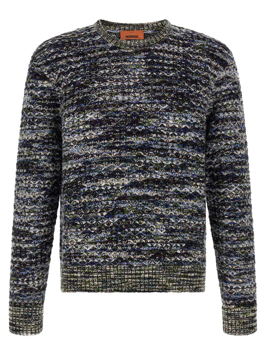 Cardigan by Missoni for men in wool & viscose black, blue, green, multicolor, white & patterned showcases a captivating silhouette, artfully detailed with a captivating and crew neckline for a truly sophisticated captivating look.