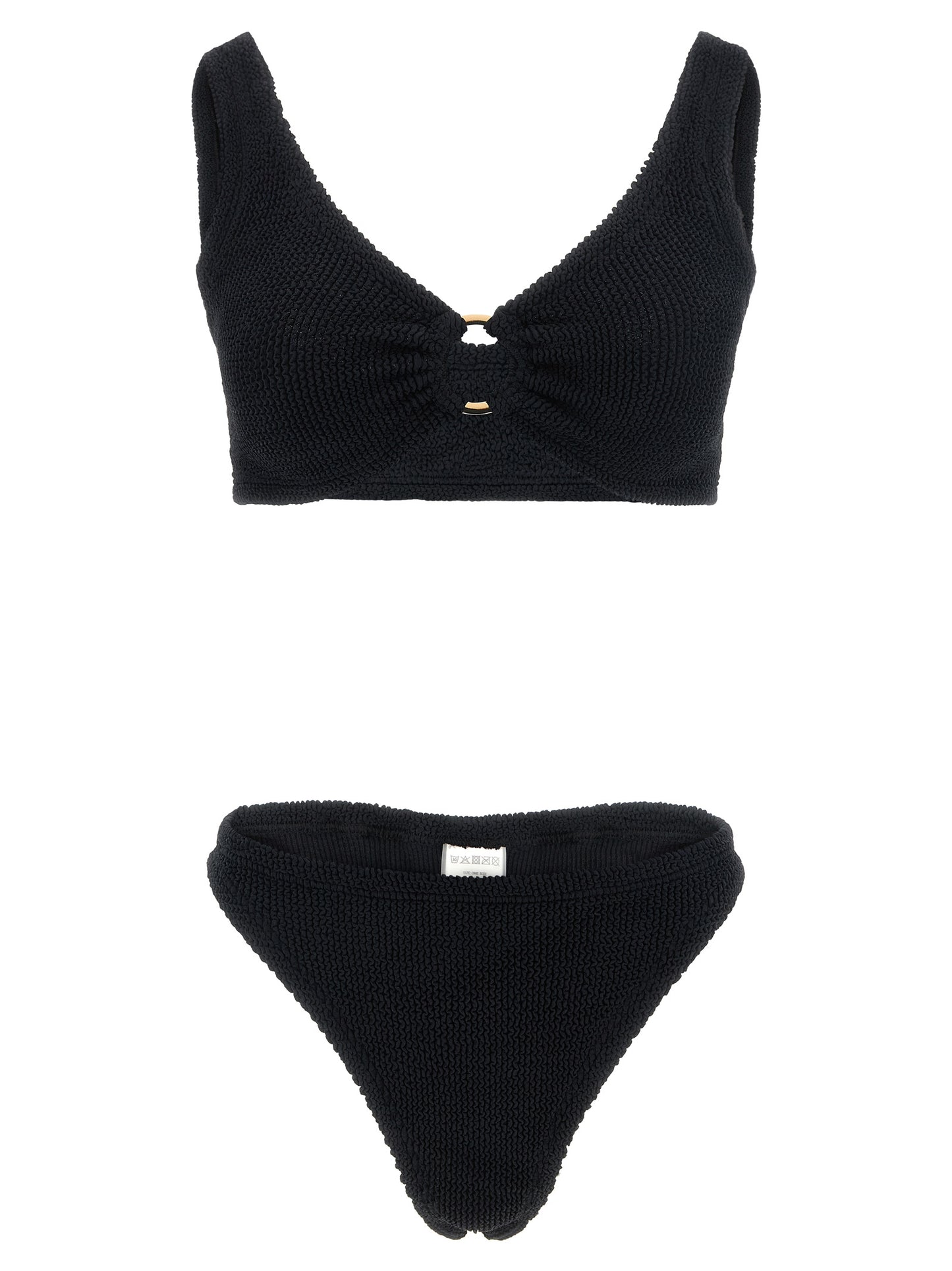 Bikini by Hunza G for women in stretch polyamide black & gold presents a provocative silhouette, artfully capturing the essence of the provocative Women's Stretch Polyamide Bikini design for a sophisticated look.