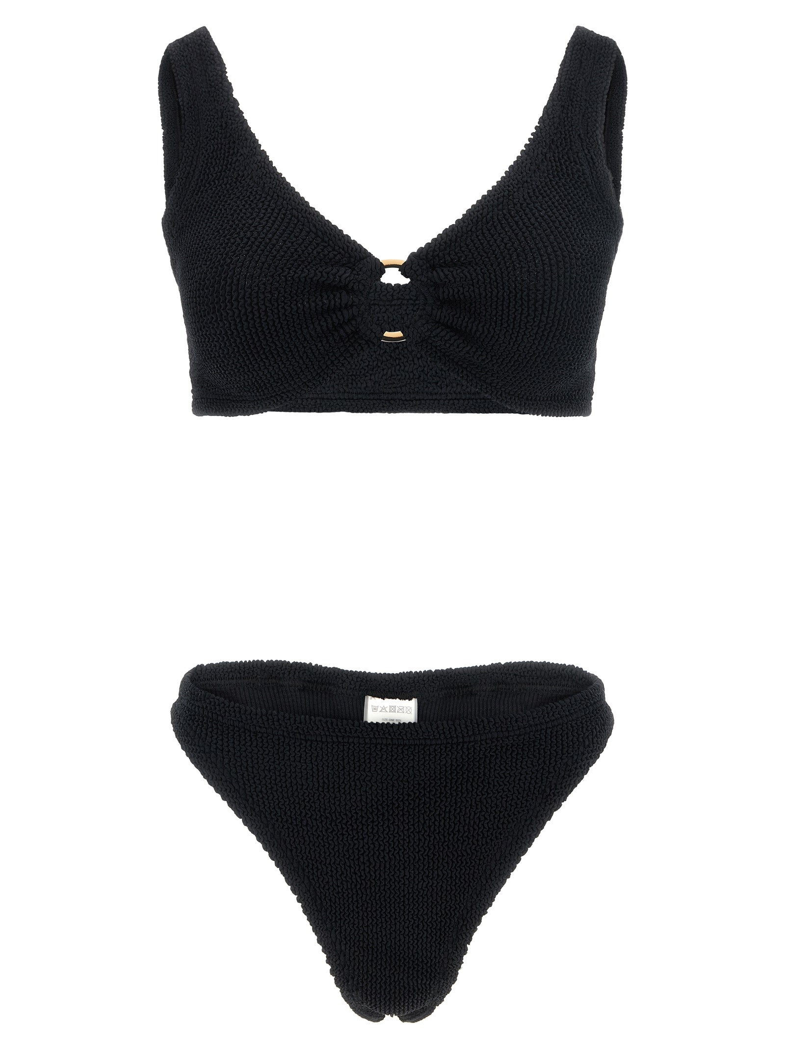 Bikini by Hunza G for women in stretch polyamide black & gold presents a provocative silhouette, artfully capturing the essence of the provocative Women's Stretch Polyamide Bikini design for a sophisticated look.