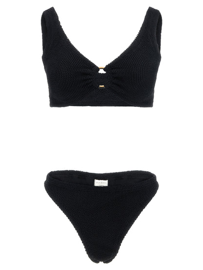 Bikini by Hunza G for women in stretch polyamide black & gold presents a provocative silhouette, artfully capturing the essence of the provocative Women's Stretch Polyamide Bikini design for a sophisticated look.