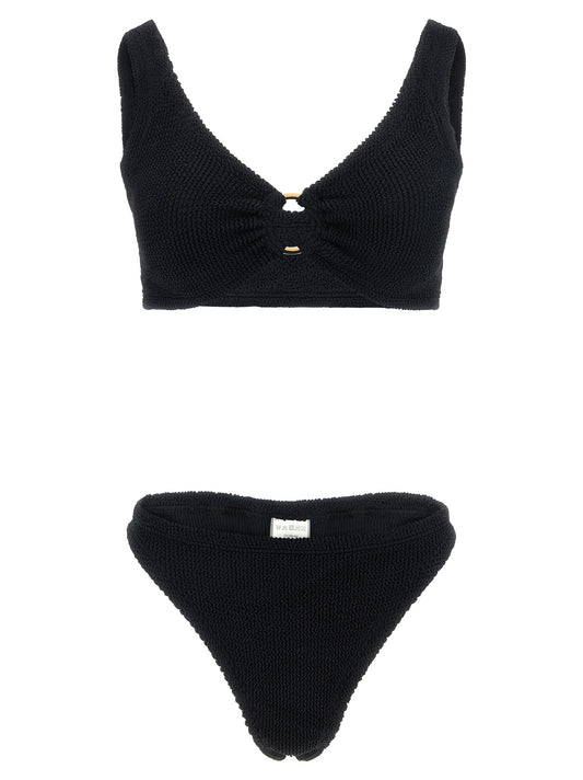 Bikini by Hunza G for women in stretch polyamide black & gold presents a provocative silhouette, artfully capturing the essence of the provocative Women's Stretch Polyamide Bikini design for a sophisticated look.