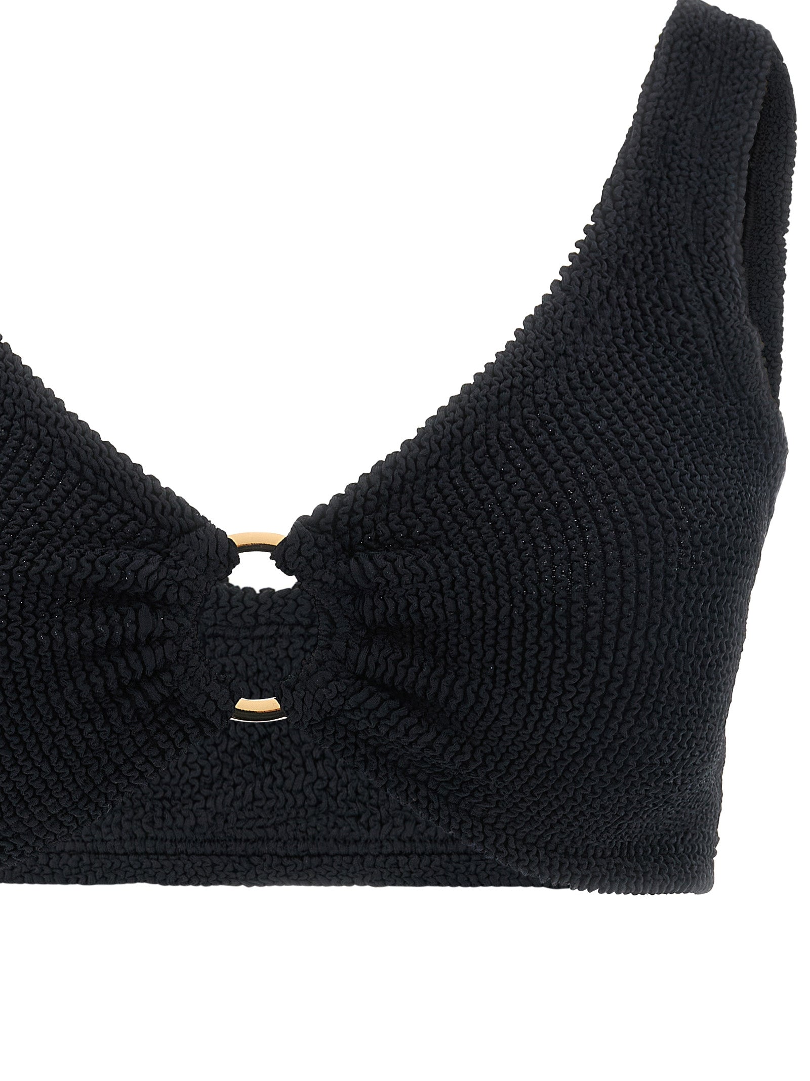 Bikini by Hunza G for women in stretch polyamide black & gold features a sultry chic silhouette, showcasing the sultry chic design of this Women's Stretch Polyamide Bikini with a sultry chic fit.