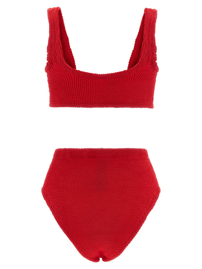 Bikini by Hunza G for women in stretch polyamide multicolor & red presents a provocative silhouette, artfully capturing the essence of the provocative Women's Stretch Polyamide Bikini design for a sophisticated look.