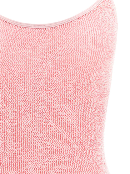 One-Piece Swimsuit by Hunza G for women in stretch polyamide multicolor & powder-pink showcases a couture inspired silhouette from the Women's Stretch Polyamide One-Piece Swimsuit collection, featuring a couture inspired cut designed for a couture inspired and couture inspired poolside look.
