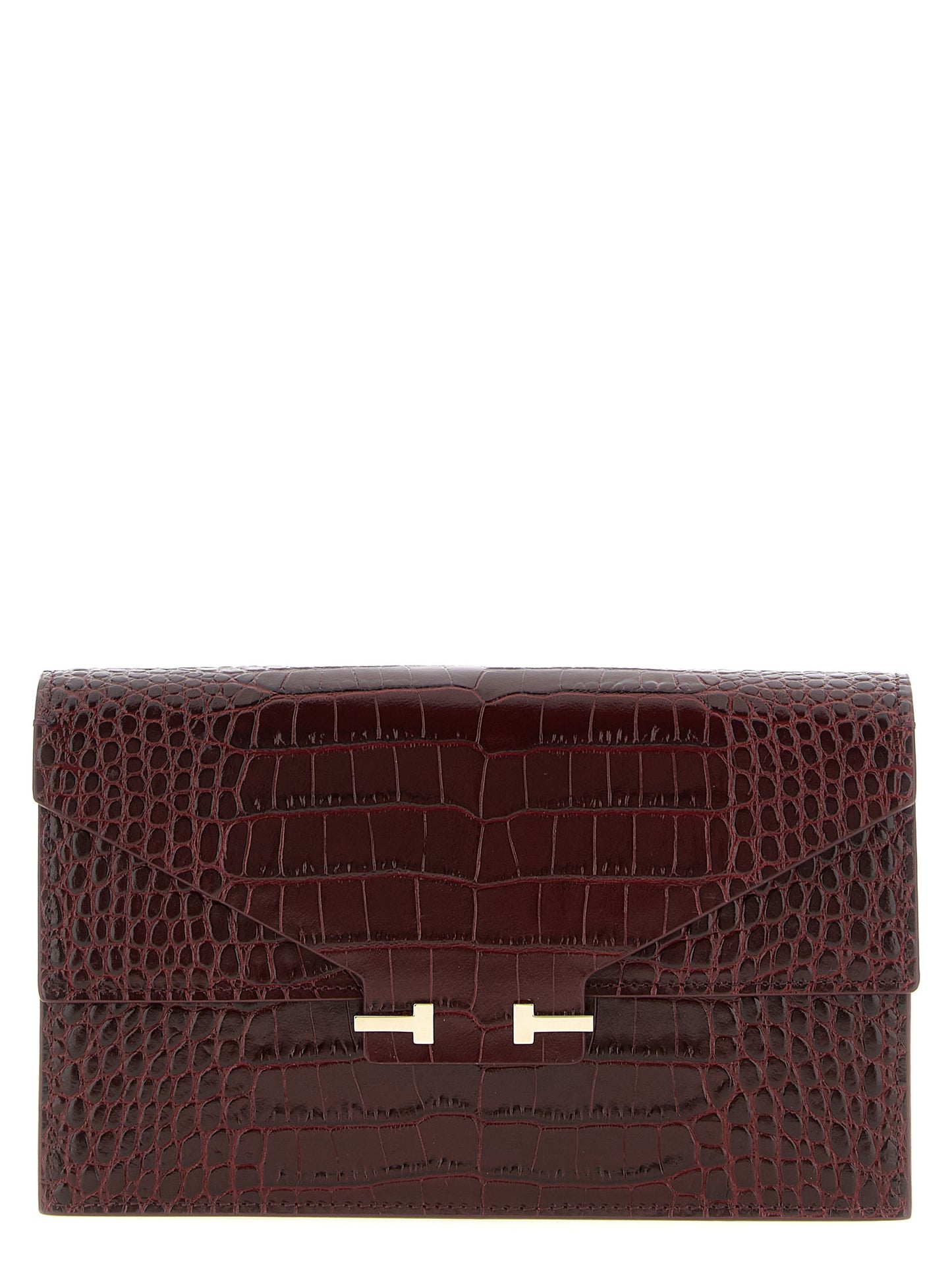 Mini Crossbody Clutch Handbag by Tom Ford for women in bio-acetate bordeaux, gold & print features a architectural silhouette, showcasing a secure , ample built-in-compartments & cardholder, and versatile crossbody-strap & adjustable-strap for a architectural finish.