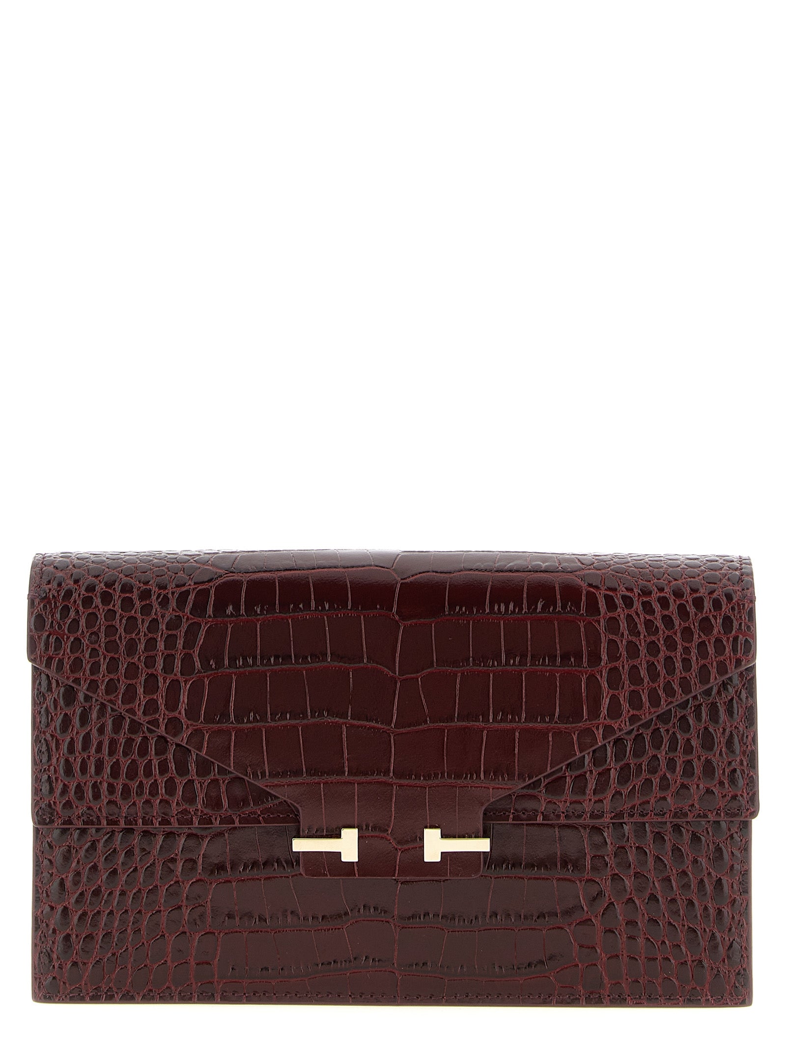 Mini Crossbody Clutch Handbag by Tom Ford for women in bio-acetate bordeaux, gold & print features a architectural silhouette, showcasing a secure , ample built-in-compartments & cardholder, and versatile crossbody-strap & adjustable-strap for a architectural finish.