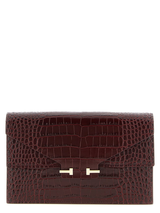 Mini Crossbody Clutch Handbag by Tom Ford for women in bio-acetate bordeaux, gold & print features a architectural silhouette, showcasing a secure , ample built-in-compartments & cardholder, and versatile crossbody-strap & adjustable-strap for a architectural finish.