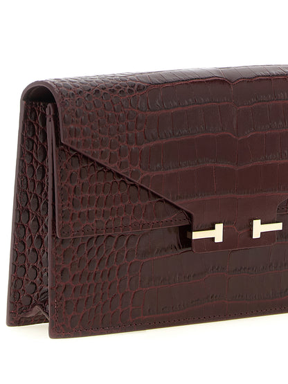 Mini Crossbody Clutch Handbag by Tom Ford for women in bio-acetate bordeaux, gold & print features a architectural silhouette, showcasing a secure , ample built-in-compartments & cardholder, and versatile crossbody-strap & adjustable-strap for a architectural finish.