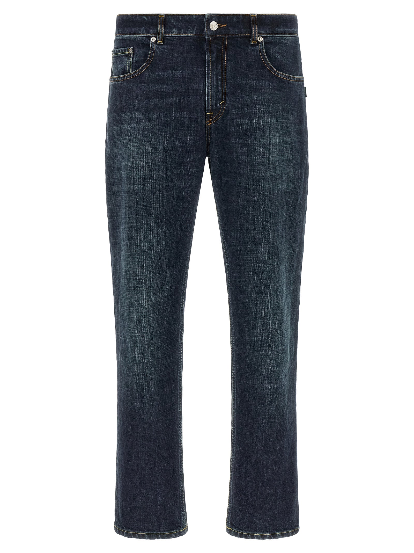 Jeans by Department 5 for men in stretch denim cotton blue & silver features an sartorial straight-leg & cropped and cropped with a mid rise cut for a sartorial finish.